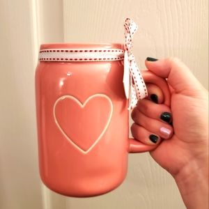 Rae Dunn Pink Mason Jar Style Mug White Heart BNWT Valentine's Day